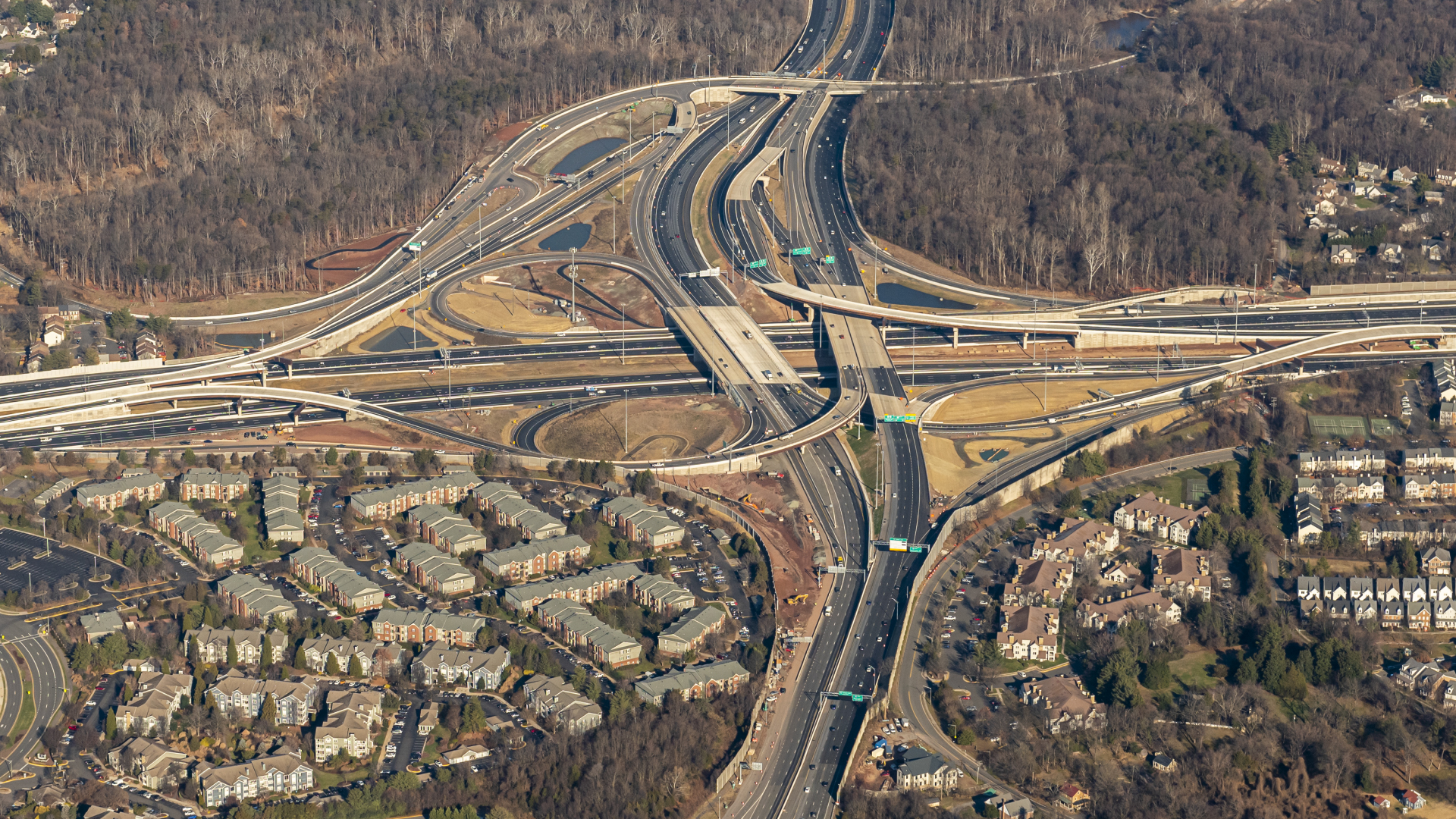 Aerial overview of highway interchanges at Interstate 66 and Route 28 in Fairfax County, VA