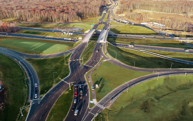 aerial photo of highway with diverging diamond interchange