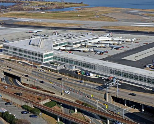 Aerial view of airport terminal at Reagan National Airport.