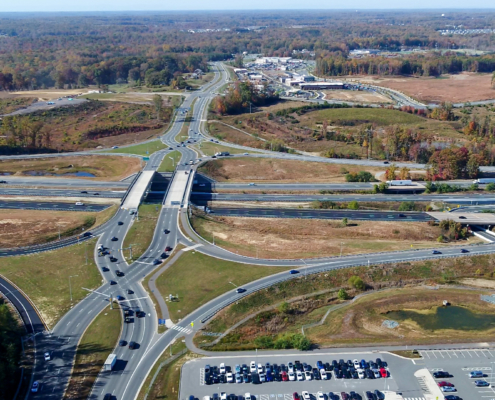 aerial photo of highway with diverging diamond interchange