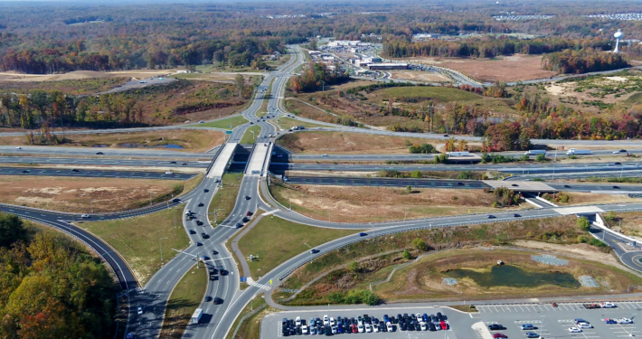 aerial photo of highway with diverging diamond interchange