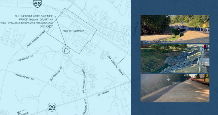 collage of images featuring roadway design plans, pictures of road side construction work