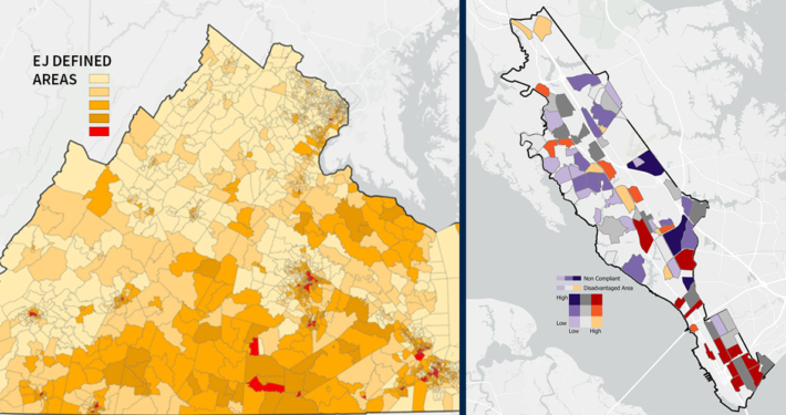 Left to right image collage of maps produced by the ATCS Environmental Justice Tool showing EJ defined areas and noncompliant and disadvantage areas.