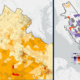 Left to right image collage of maps produced by the ATCS Environmental Justice Tool showing EJ defined areas and noncompliant and disadvantage areas.