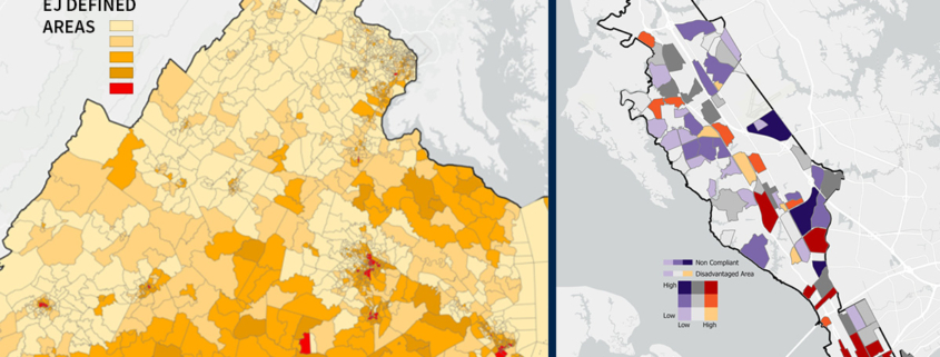 Left to right image collage of maps produced by the ATCS Environmental Justice Tool showing EJ defined areas and noncompliant and disadvantage areas.