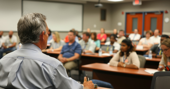 meeting leader talking to attendees at a public meeting