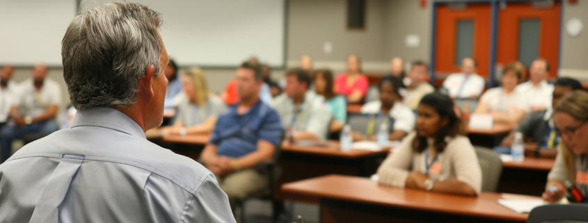 meeting leader talking to attendees at a public meeting